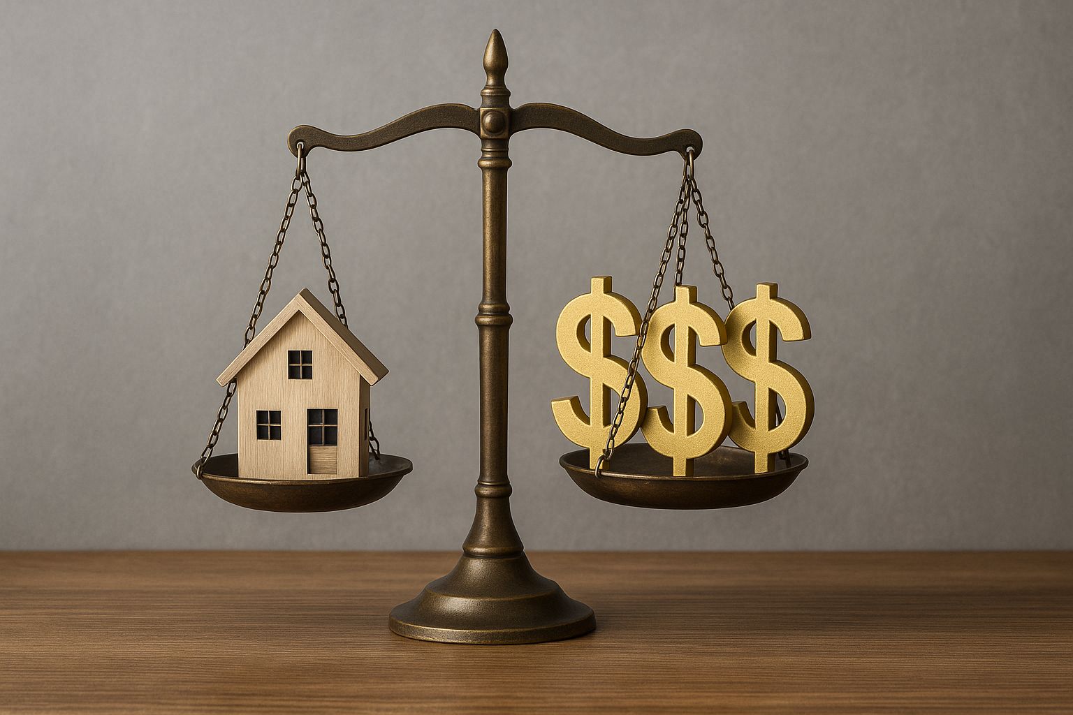 A brass balance scale with a small wooden house on one side and three golden dollar signs on the other, symbolizing the rising cost of homeownership and housing market challenges.