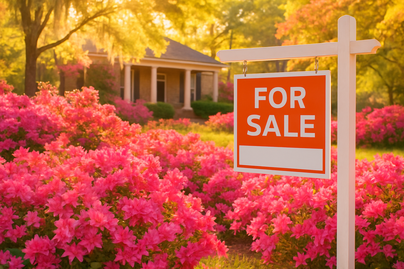 Blooming pink azaleas with a "For Sale" sign in front of a Georgia home during spring