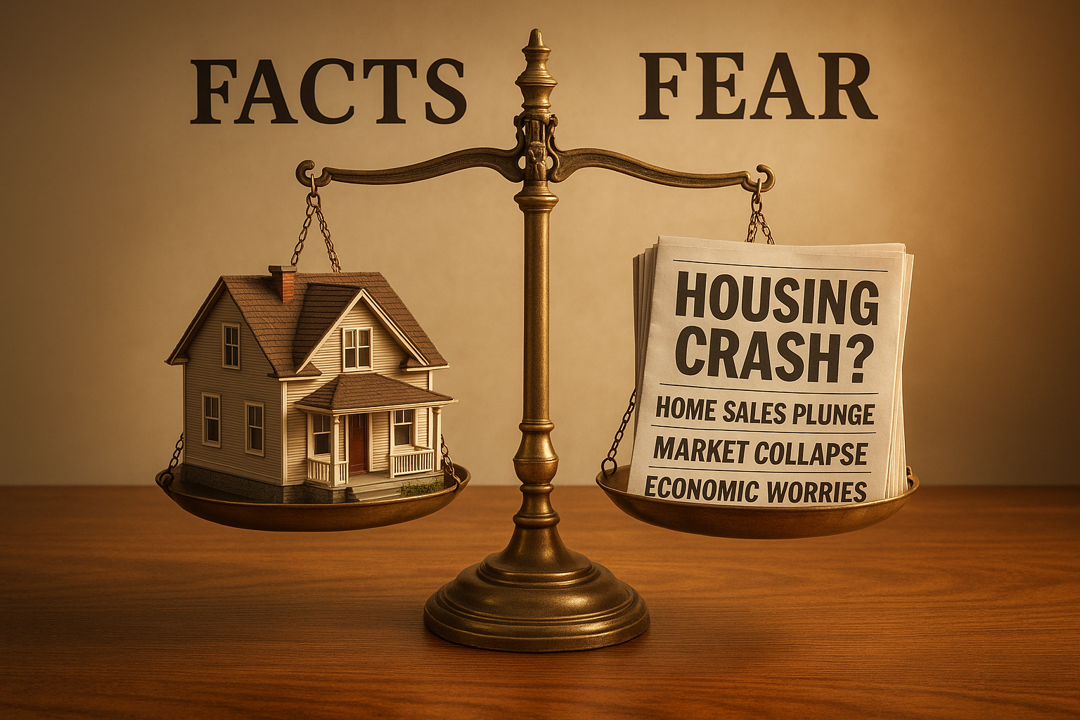 A balanced scale with the word "FACTS" on the left and "FEAR" on the right. On the left side sits a miniature model of a house. On the right side is a stack of newspapers with bold headlines such as “HOUSING CRASH?” and “HOME SALES PLUNGE.” The house appears heavier, tipping the scale in favor of facts.