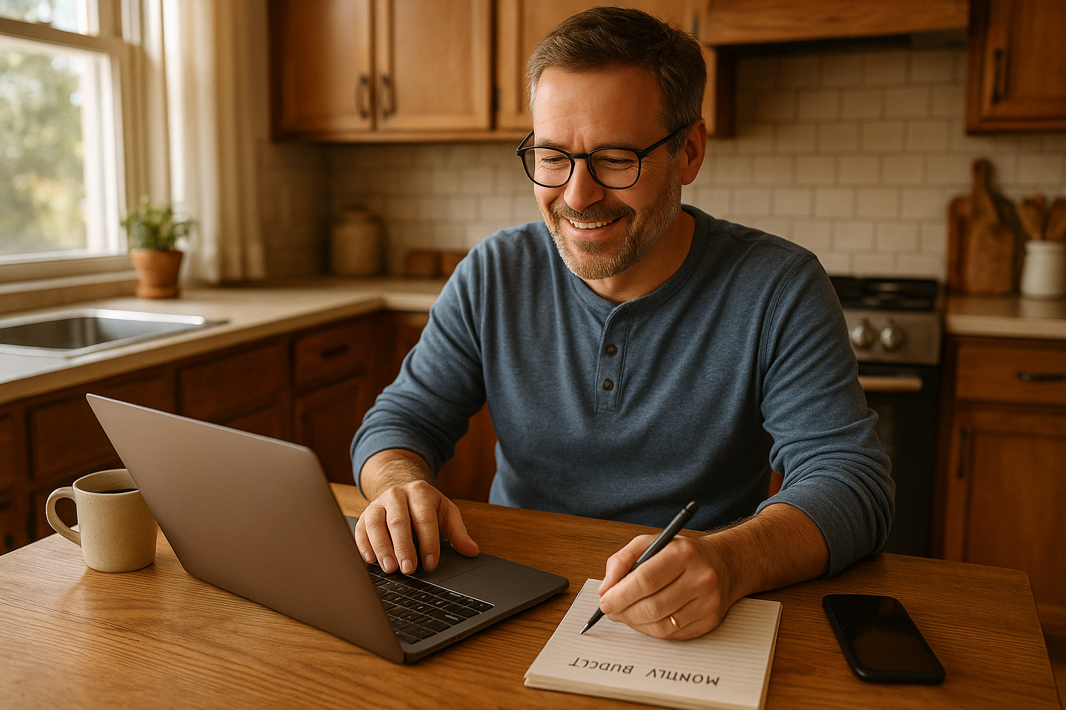 Illustration of a man reviewing a laptop and paperwork at a kitchen table.