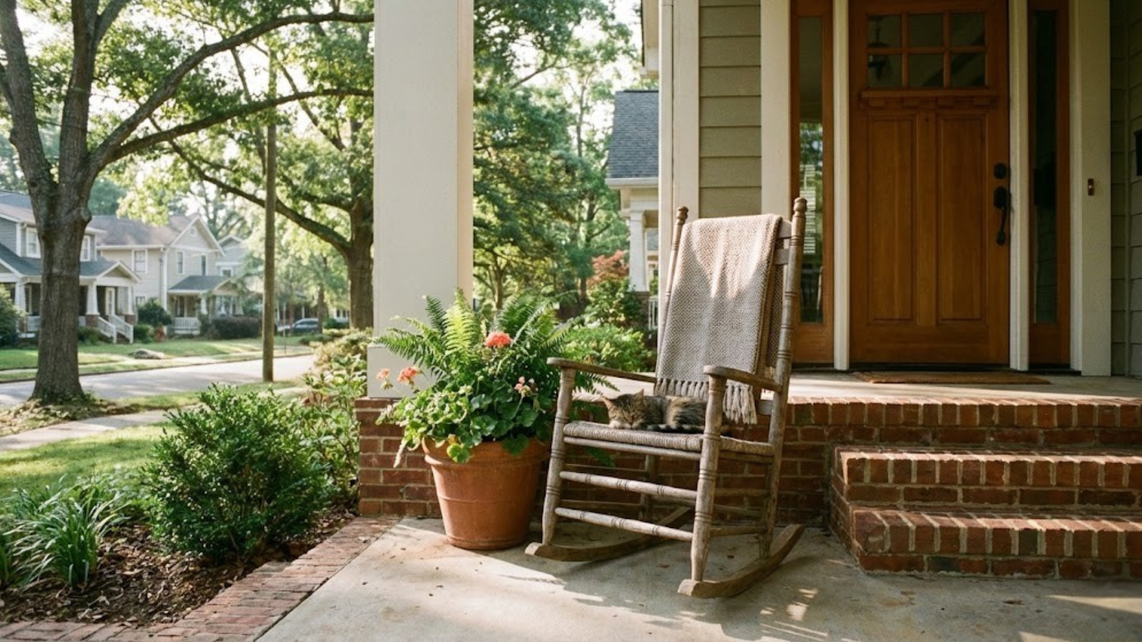 Illustration of a front porch with a rocking chair, plants and brick steps.