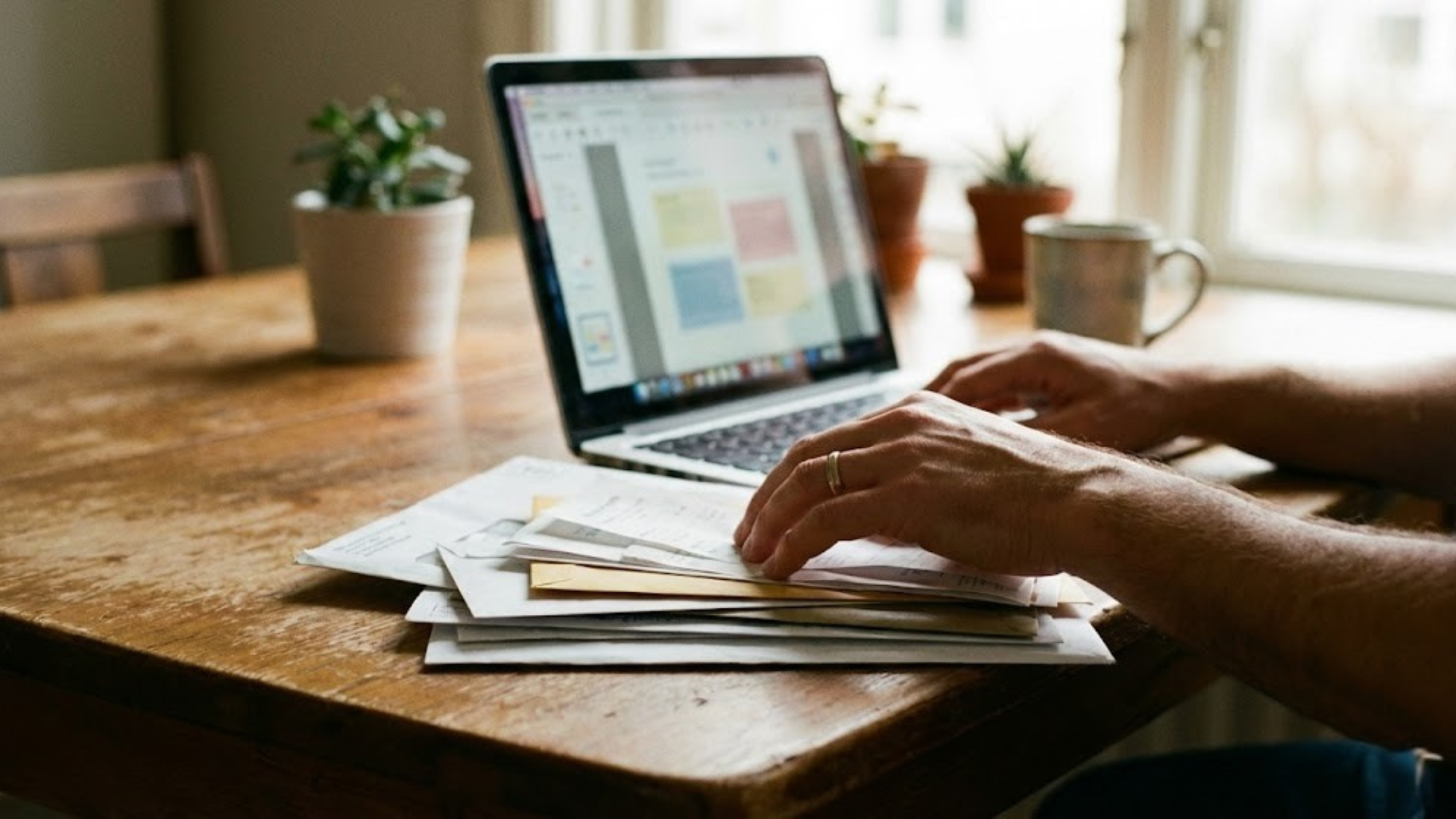 Illustration of hands reviewing documents beside a laptop.