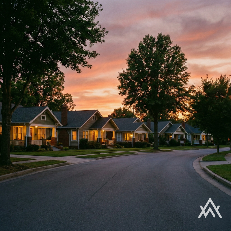 Illustration of a tree-lined residential street at sunset.