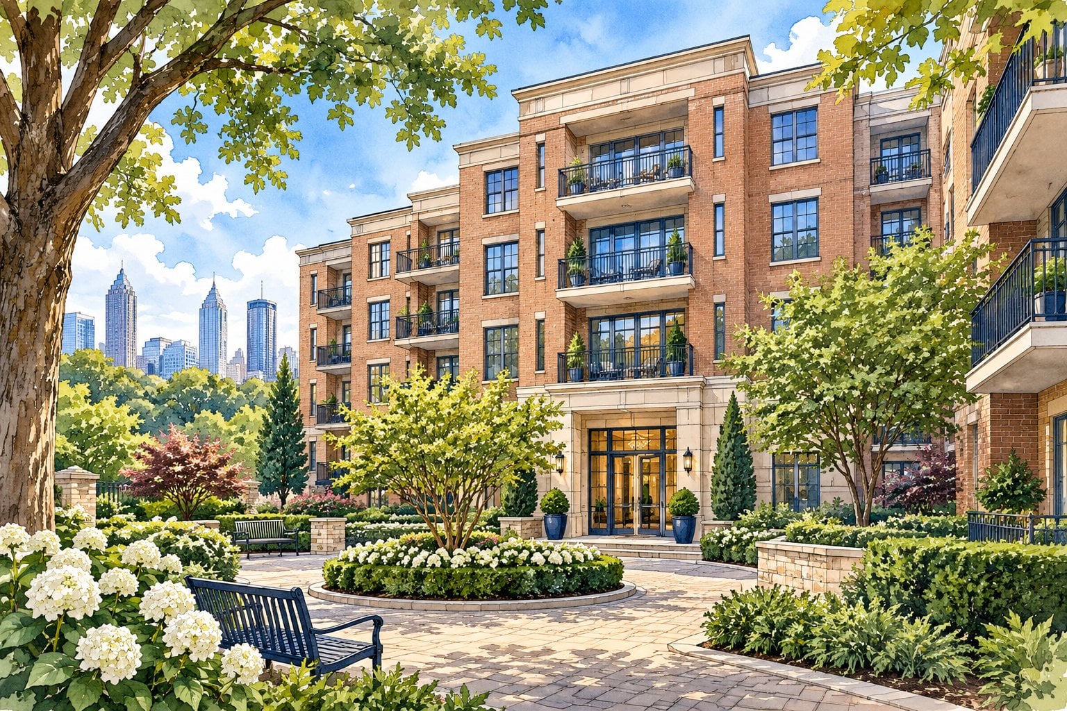 Illustration of a brick condominium community with balconies, mature trees and a landscaped courtyard.