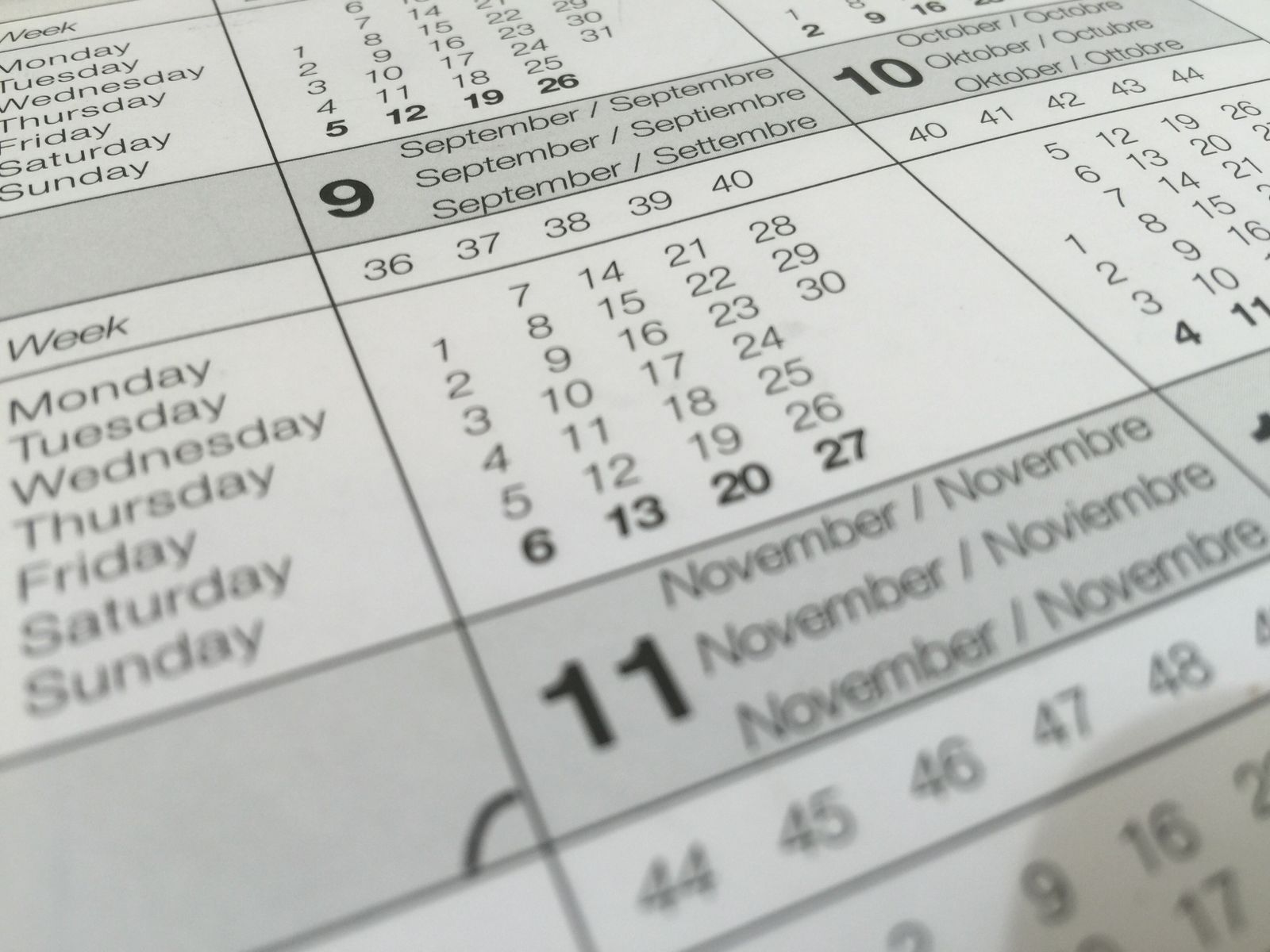 Close-up of a printed calendar showing months and dates.